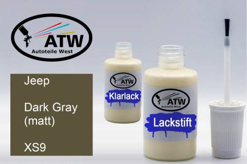 Jeep, Dark Gray (matt), XS9: 20ml Lackstift + 20ml Klarlack - Set, von ATW Autoteile West.